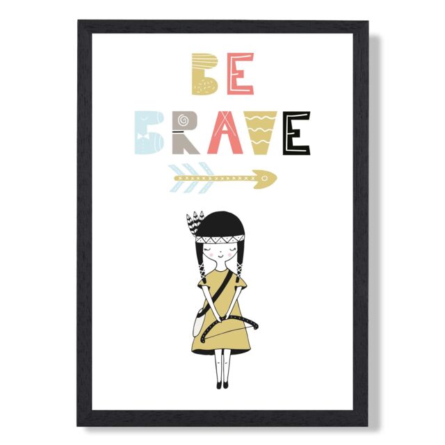 ARTZE Cute Colourful Be Brave Little Scandi Quote Framed Print SIZE: A2 with Black Frame in Pale Blue - Size: A4 - image 1