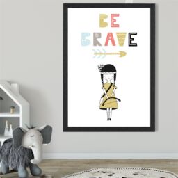 ARTZE Cute Colourful Be Brave Little Scandi Quote Framed Print SIZE: A2 with Black Frame in Pale Blue - Size: A4 - thumbnail 2