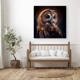 "Warren Reed - Designer Tawny Owl Face Splashart Dark Background Canvas in Brown - Size: W16"" x H16""" - thumbnail 3