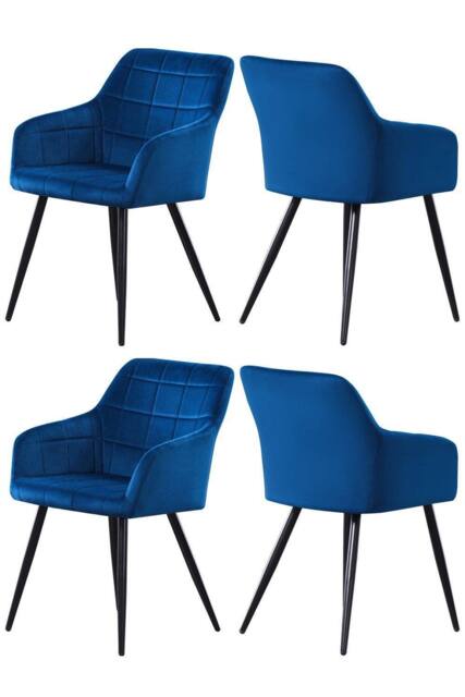 Life Interiors Set of 4 Camden Modern Velvet Dining Chairs with Armrests, Quilted Design & Black Metal Legs in Royal - image 1