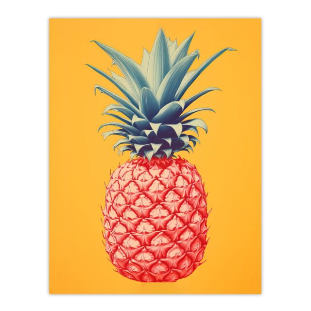 Artery8 Wall Art Print Pineapple Bold Vibrant Rich Red & Blue On Yellow Screen Risograph Artwork Spot Block Colour Retro Riso Kitchen Interior Design - image 1