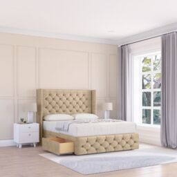 "Sloomy Luthor Coniston Wingback Bed Set, 2 Drawers & 54"" Floor Standing Headboard in Cream - Size: Super King" - thumbnail 1