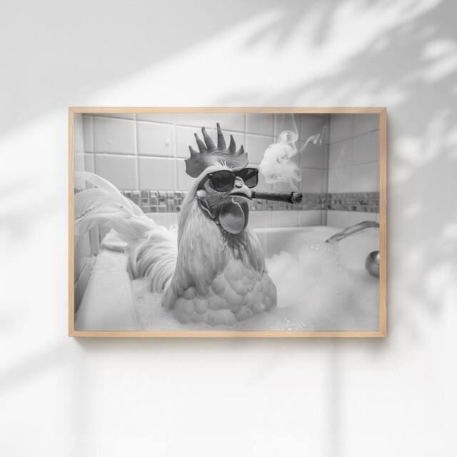 60 SECOND MAKEOVER Chicken Smoking A Cigar In The Bath Quirky Animal Print - Size: A4 - image 1