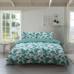 Snug City Duvet Cover & Pillowcase Set Reversible Leaf & Stripe Design Polycotton Bed Linen in Teal - Size: King - thumbnail 1