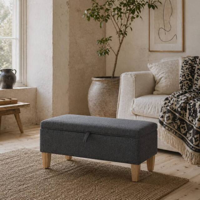 Wyld Haus Cose Linen Look Dark Grey Storage Ottoman Padded Seat & Wooden Legs - image 1
