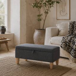 Wyld Haus Cose Linen Look Dark Grey Storage Ottoman Padded Seat & Wooden Legs - thumbnail 1