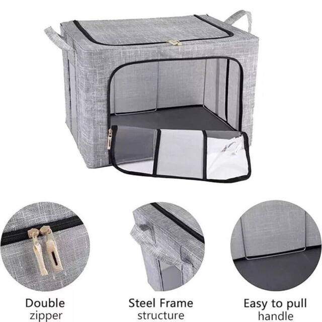 KORVIXA 3-Pack 66L Foldable Storage Box Thick Fabric & Steel Frame in Grey - Size: 500mm - image 1
