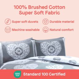 Rapport Home Scandi Heart Pure Cotton Duvet Cover Set with Pillowcase in Grey - Size: Double - thumbnail 2