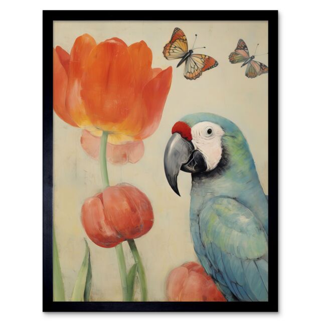 "Artery8 Wall Art Print Parrot & Tulips Flowers Butterflies Pastel Colour Artwork Floral Spring Oil Painting Art Framed in Black - Size: W12"" x H16""" - image 1
