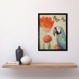 "Artery8 Wall Art Print Parrot & Tulips Flowers Butterflies Pastel Colour Artwork Floral Spring Oil Painting Art Framed in Black - Size: W12"" x H16""" - thumbnail 2