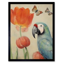 "Artery8 Wall Art Print Parrot & Tulips Flowers Butterflies Pastel Colour Artwork Floral Spring Oil Painting Art Framed in Black - Size: W12"" x H16""" - thumbnail 1