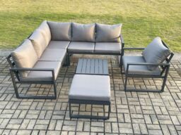 Fimous Outdoor Garden Furniture Set Aluminium Lounge Sofa Square Coffee Table Sets with Chair Big Footstool Indoor Conservatory Set Dark Grey - thumbnail 2