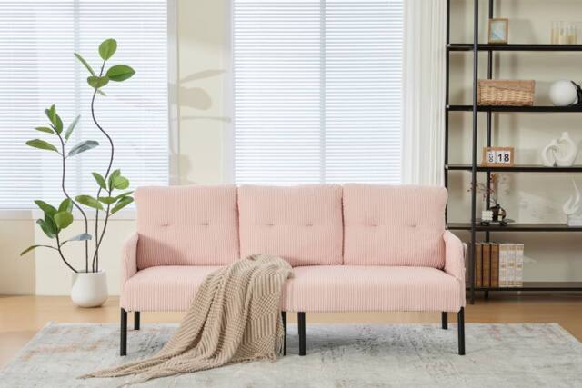 HomeTouch Modern 3 Seater Double Sofa with Side Pockets & Armrests Loveseat in Pink - image 1