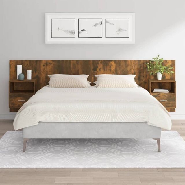 Berkfield Home Bed Headboard with Cabinets Smoked Oak Engineered Wood in Brown - image 1