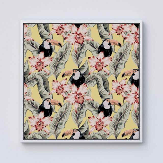 Warren Reed - Designer Toucans, Orchids & Palm Leaves Framed Canvas in Off-White - Size: w10 inch x h10 inch - image 1