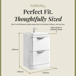 Balterley Bathroom Floor Standing 2 Drawer Vanity Unit Basin, Gloss White, 550mm in White - thumbnail 5