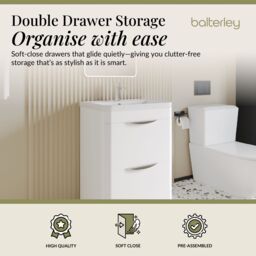 Balterley Bathroom Floor Standing 2 Drawer Vanity Unit Basin, Gloss White, 550mm in White - thumbnail 2