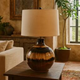 Wyld Haus Honfleur Sepia Shadows Table Lamp Brown Glass Base Cream Linen Shade