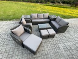 Fimous Patio Garden Furniture Sets Wicker 10 Seater Outdoor Rattan Furniture Sofa Sets with Rectangular Coffee Table Reclining Chair in Dark Grey - thumbnail 2
