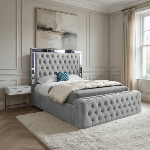 Casani Loweswater Mirror Upholstered Grey Soft Velvet Designer Bed Frame - Size: Small Single - image 1
