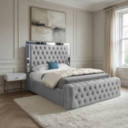 Casani Loweswater Mirror Upholstered Grey Soft Velvet Designer Bed Frame - Size: Small Single