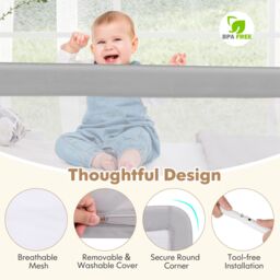 Gymax Folding Baby Bed Rail 150CM Bed Guard with Removable Washable Cover in Silver - thumbnail 3