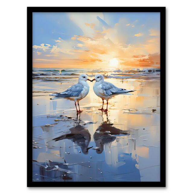 Artery8 Wall Art Print Seagull Bird Couple Beach Sunset Painting Coastal Landscape Framed Art in Blue - Size: A4 - image 1