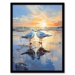Artery8 Wall Art Print Seagull Bird Couple Beach Sunset Painting Coastal Landscape Framed Art in Blue - Size: A4 - thumbnail 1