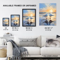 Artery8 Wall Art Print Seagull Bird Couple Beach Sunset Painting Coastal Landscape Framed Art in Blue - Size: A4 - thumbnail 3