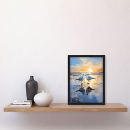 Artery8 Wall Art Print Seagull Bird Couple Beach Sunset Painting Coastal Landscape Framed Art in Blue - Size: A4 - thumbnail 4