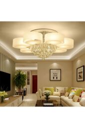 Living and Home Crystal Droplet Fabric Shade Flush Mount Ceiling Light in White - thumbnail 3