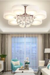 Living and Home Crystal Droplet Fabric Shade Flush Mount Ceiling Light in White - thumbnail 2
