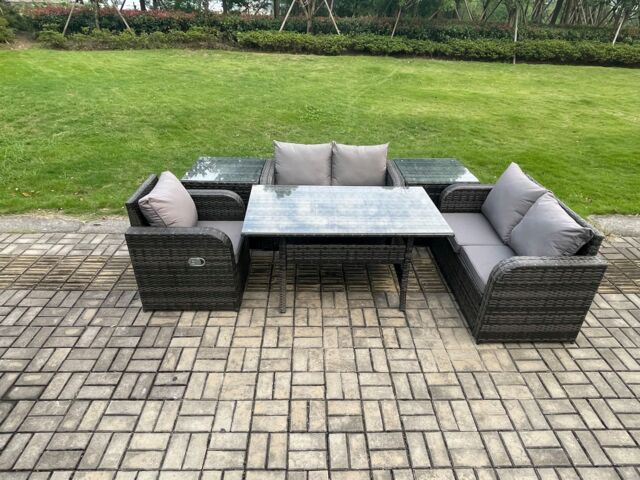Fimous Lounge Rattan Sofa Set Outdoor Garden Furniture Oblong Rectangular Dining Table With Chairs 2 Side Tables Dark Grey Mixed - image 1