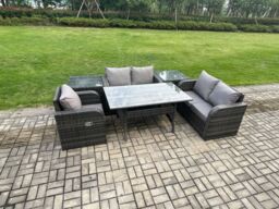 Fimous Lounge Rattan Sofa Set Outdoor Garden Furniture Oblong Rectangular Dining Table With Chairs 2 Side Tables Dark Grey Mixed - thumbnail 2