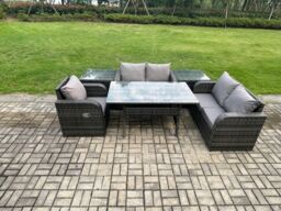 Fimous Lounge Rattan Sofa Set Outdoor Garden Furniture Oblong Rectangular Dining Table With Chairs 2 Side Tables Dark Grey Mixed - thumbnail 1