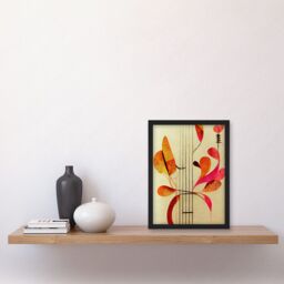 Artery8 Abstract Autumnal Boho Leaves & Musical Music Staff Lines Cream Pink Copper Yellow Artwork Framed Wall Art Print A4 in Black - thumbnail 2