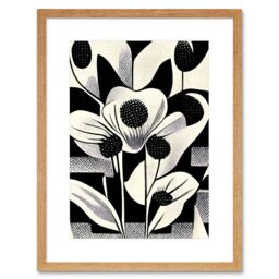 "Artery8 Wall Art Print Monochrome Black White Abstract Retro Flower Pattern Artwork Framed 9X7 Inch in Beige - Size: W7"" x H9""" - thumbnail 1