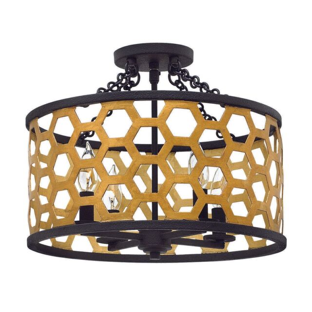 Loops 4 Bulb Semi Flush Light Hexagonal Laser Cut Steel Sunset Gold Black LED E14 60W