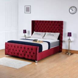 UK Bed Furniture Windsor Wingback Slatted Base Upholstered Bed with 48 Inch Headboard in Maroon - Size: Small Double