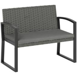 SPETLEK Grey 2 Seater Rattan Bench Cushioned Steel Frame Outdoor - Size: 100 cm x 80 cm - thumbnail 1