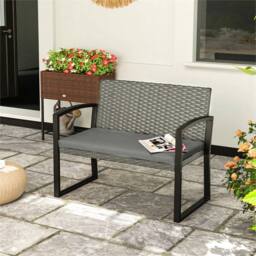 SPETLEK Grey 2 Seater Rattan Bench Cushioned Steel Frame Outdoor - Size: 100 cm x 80 cm - thumbnail 3