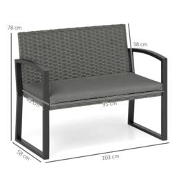 SPETLEK Grey 2 Seater Rattan Bench Cushioned Steel Frame Outdoor - Size: 100 cm x 80 cm - thumbnail 2