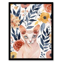 "Artery8 Sphynx Cat Lover Floral Watercolour Portrait Framed Wall Art - Size: W12"" x H16""" - thumbnail 1