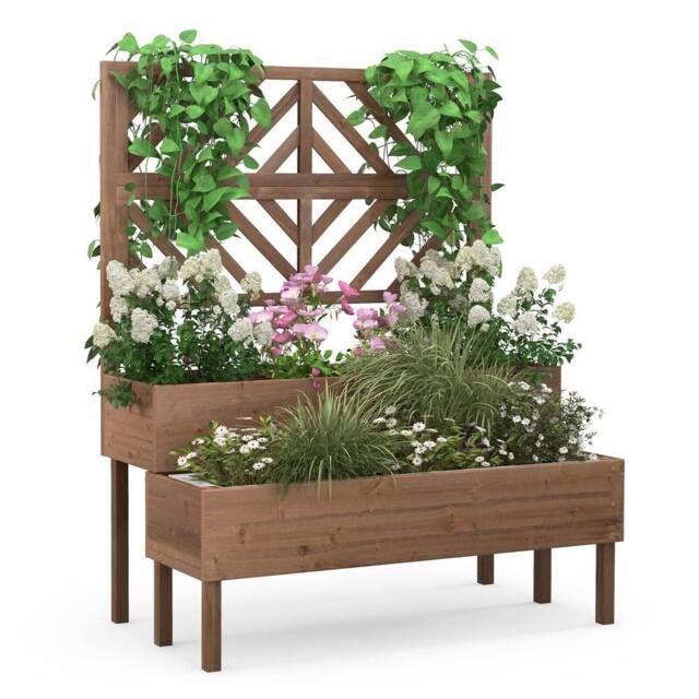 Costway Wood 2-Tier Raised Garden Bed with Trellis Elevated Planter Box Container w/ Leg in Brown - image 1
