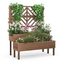 Costway Wood 2-Tier Raised Garden Bed with Trellis Elevated Planter Box Container w/ Leg in Brown - thumbnail 1
