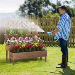 Costway Wood 2-Tier Raised Garden Bed with Trellis Elevated Planter Box Container w/ Leg in Brown - thumbnail 6