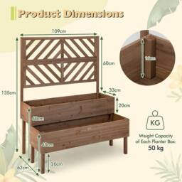 Costway Wood 2-Tier Raised Garden Bed with Trellis Elevated Planter Box Container w/ Leg in Brown - thumbnail 2