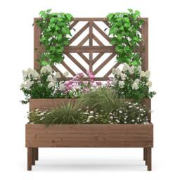 Costway Wood 2-Tier Raised Garden Bed with Trellis Elevated Planter Box Container w/ Leg in Brown - thumbnail 5