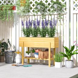 OUTSUNNY Wooden Raised Bed w/ Bed Liner, Storage Shelf, Natural Wood Finish - thumbnail 1