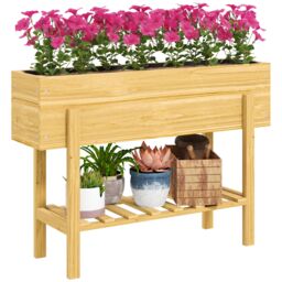OUTSUNNY Wooden Raised Bed w/ Bed Liner, Storage Shelf, Natural Wood Finish - thumbnail 2